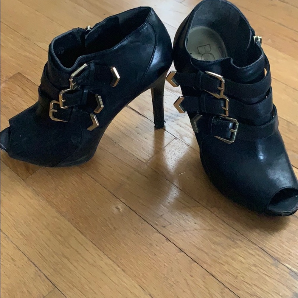 BCBG, Black and gold buckle open toed booties